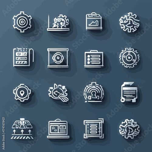Illustration showing an array of sixteen white icons depicting various business and technology concepts