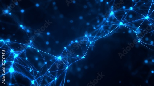 A blue neon-lit, futuristic AI neural network background. Illustrates big data processing via artificial intelligence. A vector design representing advanced technology.
 