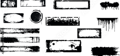 set of grunge banners with various grunge border or frames, Authentic Grunge Ink Dropped Brush Strokes Set with Raw Splatter Textures, Collection of black shapes border or frames.