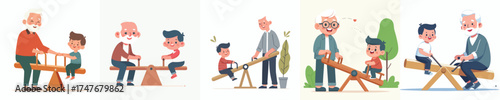 vector of grandfather playing seesaw with his grandson