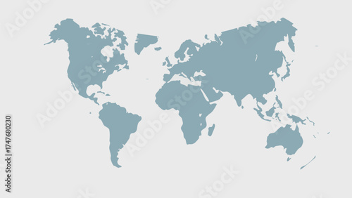 A simplified world map illustration showing continents in a muted blue color against a light background