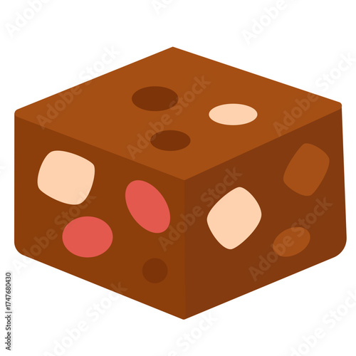 Chocolate fudge cube with nuts and candy bits, sweet dessert element ideal for cafe, bakery, and confectionery illustration design.