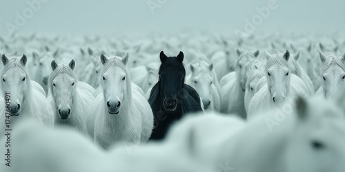 Black horse among white horses, not like everyone else, individuality, concept of a special person, newcomer, black sheep, concept of freedom of life pleasure. High quality
