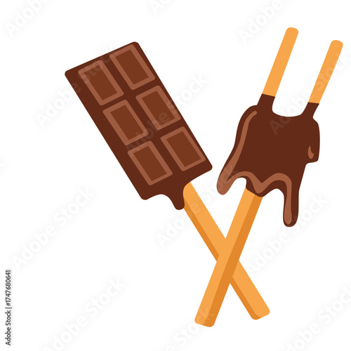Chocolate dipped biscuit sticks and bar, perfect dessert element for sweet treat or confectionery themed design illustration.
