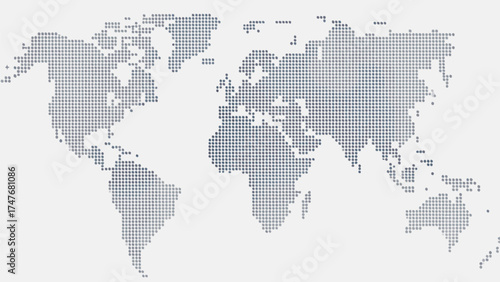World map representation with gray dots showing continents on a white background in a simplified style