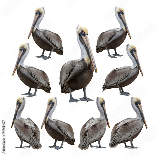 A collection of brown pelicans arranged in a grid. Each pelican displays distinct features, including a long bill and webbed feet. The background is transparent, isolated, and suitable for PNG format.
