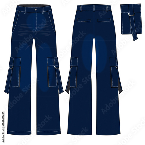 Women's Flared utility cargo jeans pant with Indigo Dark wash