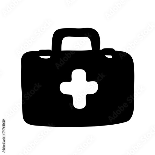 Hand Drawn Black First Aid Kit with Bold White Cross Symbol