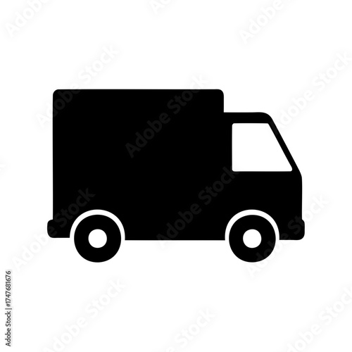Icon of a black delivery van on white background for transport