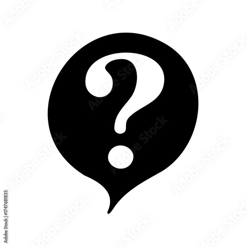 Bold question mark inside a speech bubble, simple graphic illustration of questioning