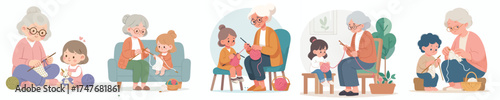 vector grandmother knitting with grandchildren