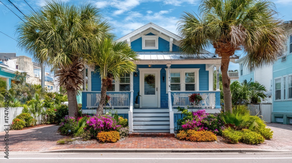 Fototapeta premium Charming Coastal Cottage Surrounded by Tropical Flora and Vibrant Bougainvillea, Capturing the Essence of Beachfront Living with Blue Exterior and Inviting Porch