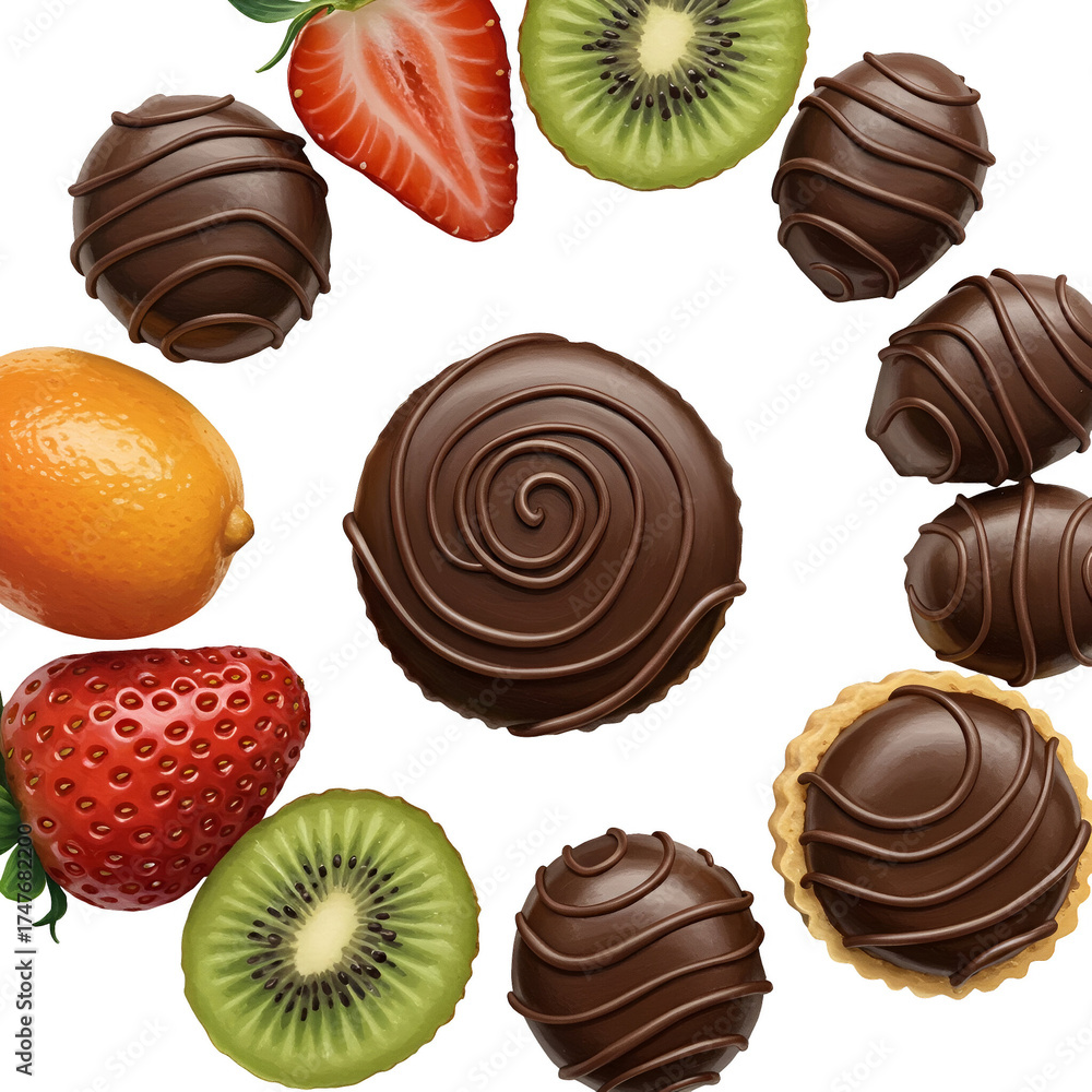 Fototapeta premium Isolated Chocolate Fruits and Desserts with Swirls