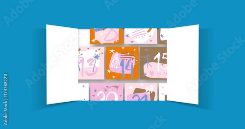 Christmas advent door opens with cute Christmas ornaments and numbers of December on blue. On Christmas Day, doors swing open, revealing green screen for greetings. 4K video animation