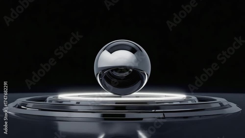 Sleek chrome orb slowly rotating on luminous display platform, futuristic technology design with smooth reflections and subtle light movement for cutting-edge product showcase videos