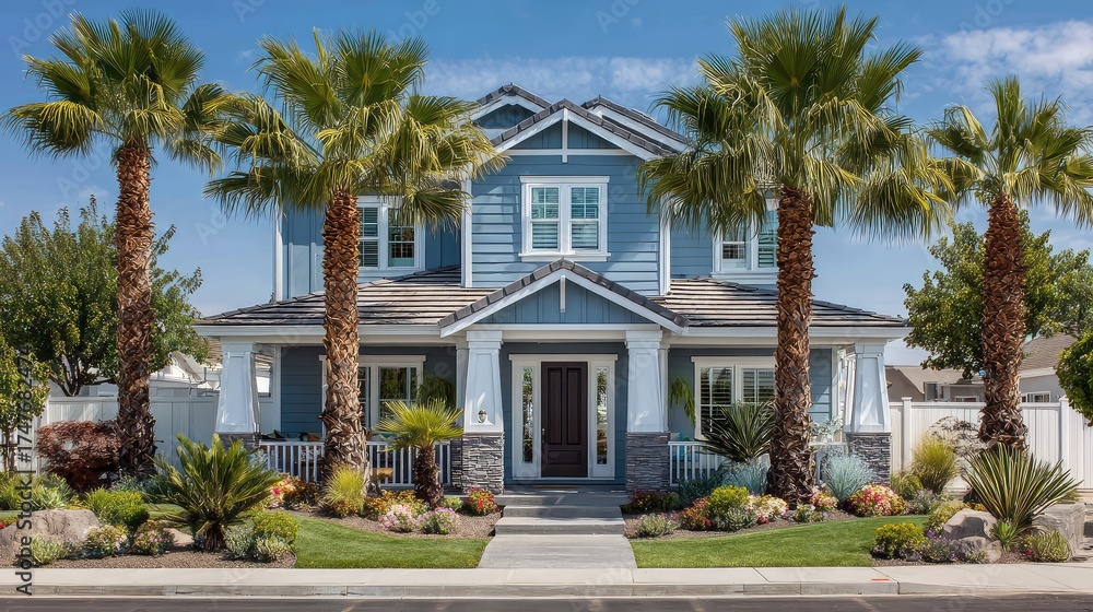 Fototapeta premium Charming Blue House Surrounded by Lush Palm Trees and Colorful Plants on a Bright Sunny Day with Clear Sky and Inviting Front Porch