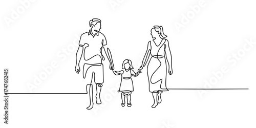 Continuous One Line Drawing Family Walking Holding Hands. Unity and Love Vector.