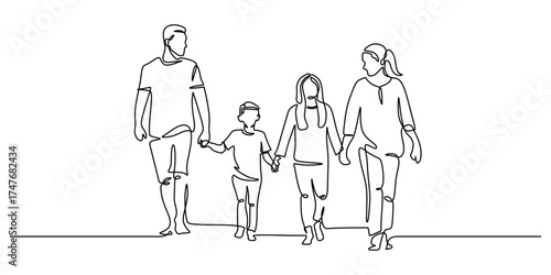 One Line Art of a Family with Two Children Holding Hands