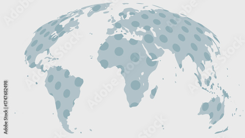 Stylized world map with light blue continents and a pattern of light blue circles overlaying the landmasses