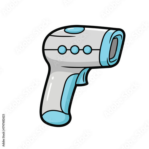 Cartoon style non-contact thermometer for checking body temperature, illustrated with a blue and grey design