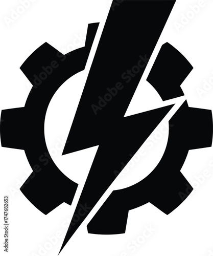  Vector Icon: Black Gear and Lightning Bolt.