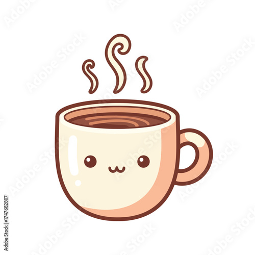 Adorable kawaii coffee cup steaming with charm, perfect for cheerful designs and branding projects