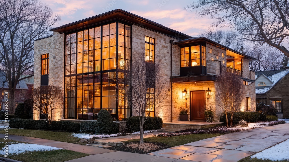 Fototapeta premium Modern architectural design featuring large glass windows illuminating a luxury home exterior at twilight, showcasing elegant landscaping and warm inviting light.
