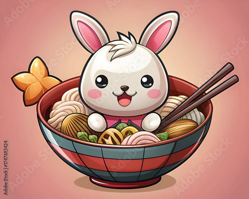 Adorable Rabbit Enjoying a Bowl of Ramen. A Delightful Cartoon Illustration