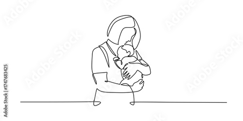 Continuous Line Drawing of a Mother Holding Her Baby