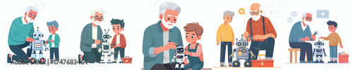 vector grandfather repairing toy with grandson