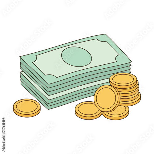Stack of cash with gold coins for financial success and money management illustration concept