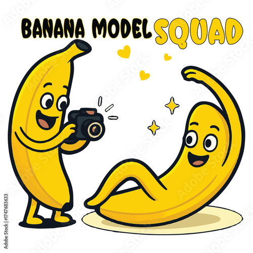 Banana Model Squad, Cute Kawaii Fruit Couple Photoshoot Illustration T-shirt Design