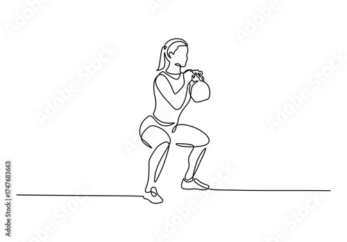 One Line Art of a Woman Doing a Kettlebell Squat