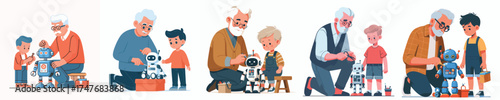 vector grandfather repairing toy with grandson