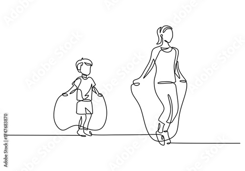 One Line Drawing of an Adult and Child Skipping Rope