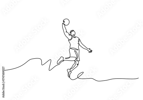 One Line Drawing of a Basketball Player Slam Dunking