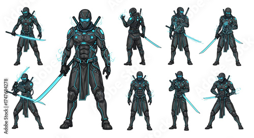 Futuristic armored ninja warriors with glowing swords ready for action in a sci-fi world, a dynamic fantasy concept art with a mysterious vibe
