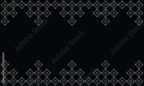 Horizontal black background vector with an abstract pattern ornament frame in white line art style and an empty area for text or title