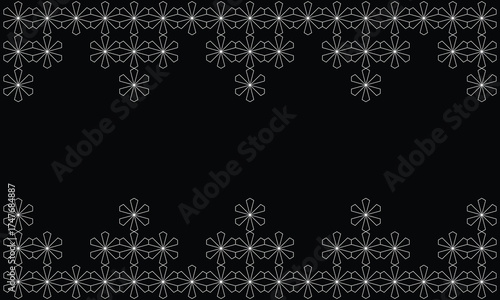 Horizontal black background vector with an abstract pattern ornament frame in white line art style and an empty area for text or title