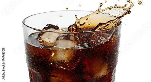 Isolated cola drink splash in glass with ice cubes refreshing beverage
