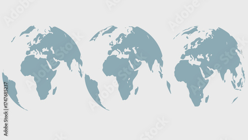 Three world globes showing europe africa and asia continents on a light background in a simple design