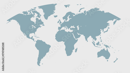 A stylized world map showing continents in muted blue against a light background illustration design
