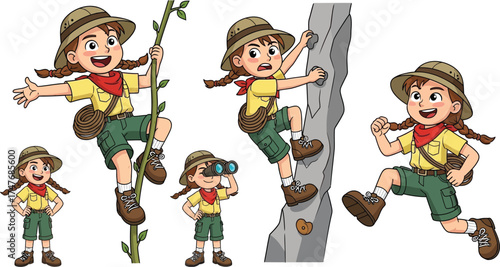 Adventure awaits with this lively cartoon girl exploring nature climbing rocks, looking through binoculars, and running with joy on a bright white background