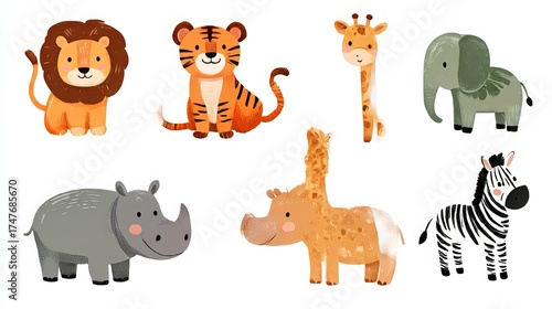 Adorable vector illustrations of safari and jungle animals in a simple, childlike style. Features a cute lion, tiger, elephant, giraffe, hippo, and zebra, all isolated on a white background.
 