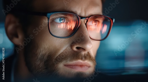 A close-up shot of an attentive person with glasses, reflecting the soft glow of a screen, highlighting the intensity of focus.