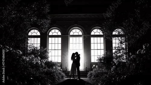 Wallpaper Mural Romantic Couple Silhouetted Against Grand Arched Windows at Night. Torontodigital.ca