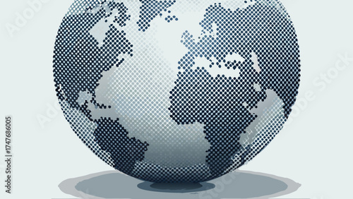World globe illustration with a halftone dot pattern showing continents and a soft shadow beneath it