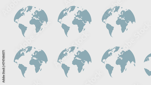 A pattern of multiple earth globes showing continents and oceans on a pale background in an arrangement