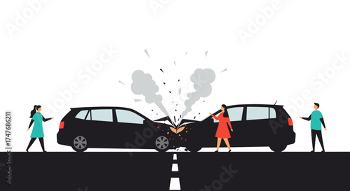 Two black cars collide head on with people standing nearby observing the accident.