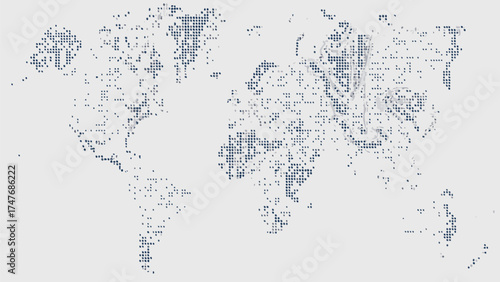 Dotted world map illustration with continents outlined by dark blue circular dots on a light background